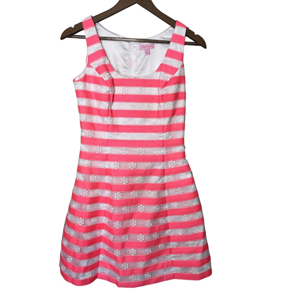 Lilly Pulitzer Joslin Dress – Fiesta Hot Pink Ribbon Floral Stripe –‎ Size 2
